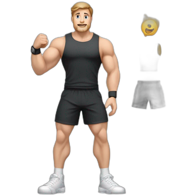 Full height Actively gesturing with hands Pale skinned fit man With the biceps and brown hair In dark gray sleeveless mike, black oversize sports shorts, watch and white sneakers emoji
