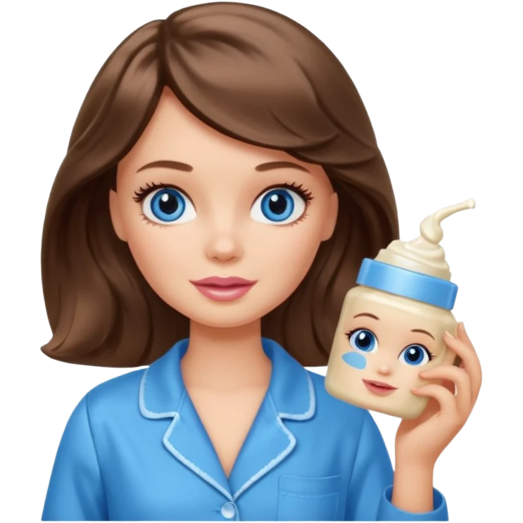 Barbie girl with makeup, blue eyes , and bob long haircut wavy, short brown hair in creamy color pajamas, face cream in hand emoji