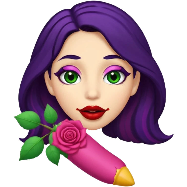 Big Puerto Rican colored dildo inside a juicy mouth  with blackish purple hair and Italian skin color with green almond shapes eyes, magical mouth with lips shapes  rose petal /bud place huge didlo inside of mouth  emoji
