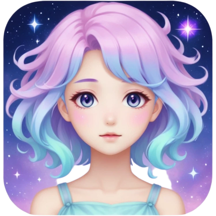Beautiful gorgeous anime lady with beautiful nebula hair, fashion aesthetic, ethereal, fairycore, pastelcore  emoji