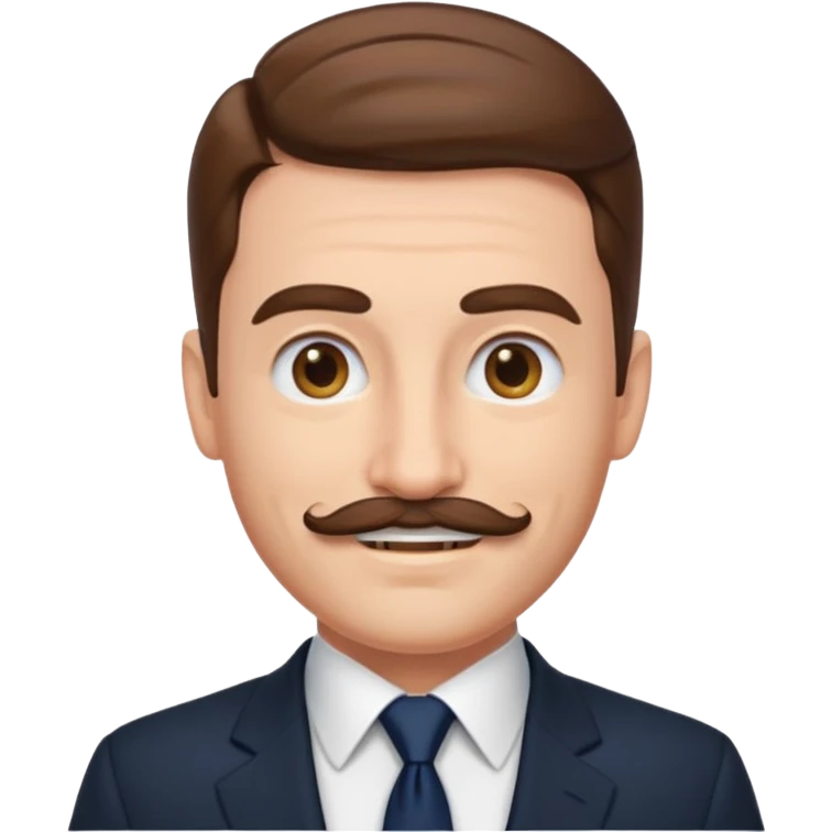 smiling Caucasian man emoji, slicked back brown hair, black suit, navy tie, mustache emoji