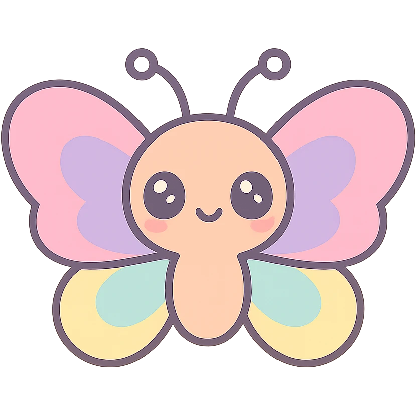 kawaii butterfly with big sparkling eyes, tiny body, pastel rainbow wings, cute and happy emoji
