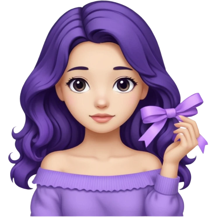 Girl with black wavy long hair and a lavender ribbon hair clip beside it make it look like wearing a lavender off shoulder sweater  emoji