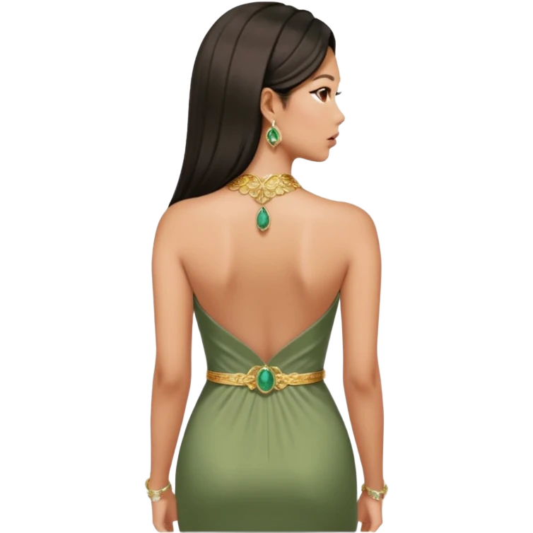 Aesthetic rich Asian woman in sage green Versace dress and Cartier jewelleries, back view emoji