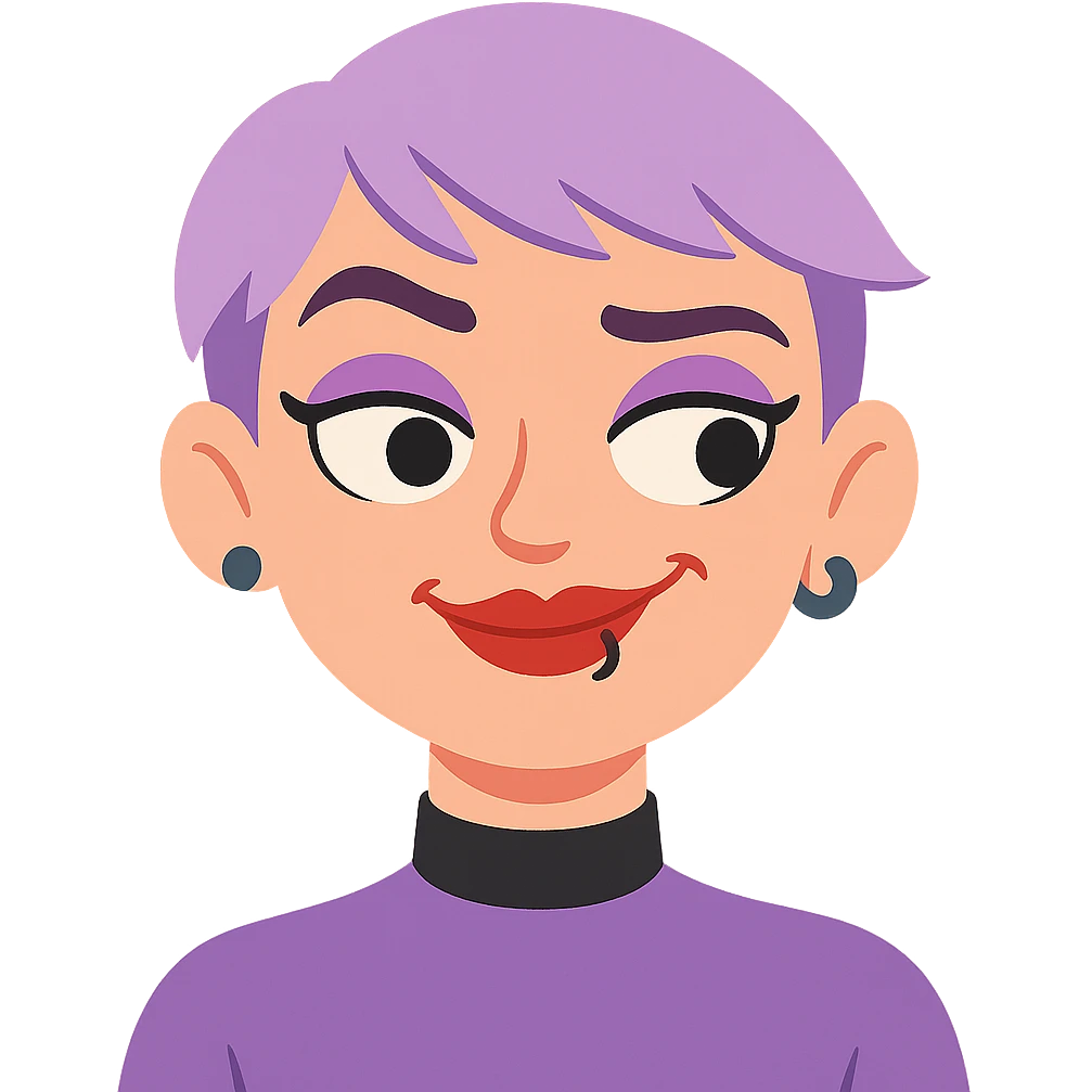 Make her raise her eyebrows and smirk, keeping the same style, pastel purple pixie hair, black choker, red lipstick, lip ring, and fashionista vibe. Transparent background. emoji