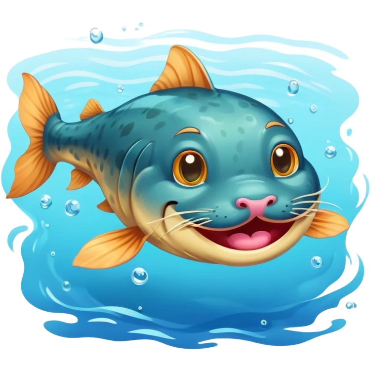 A happy catfish with long, curly mustaches swimming gracefully in a clear blue river, cartoon style, simple and expressive, vibrant colors emoji