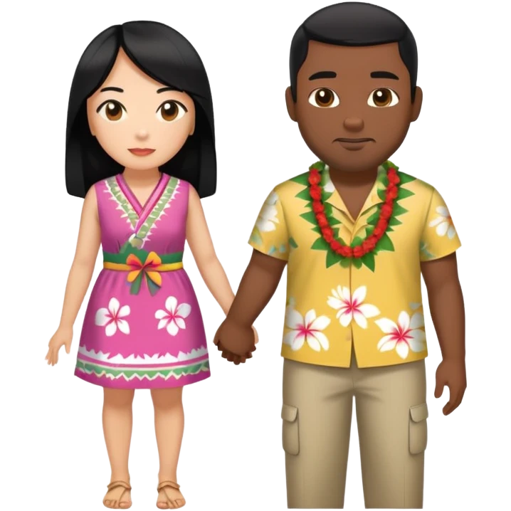 asian woman long hair with black man short hair cut holding hands with hawaiian cloths  emoji