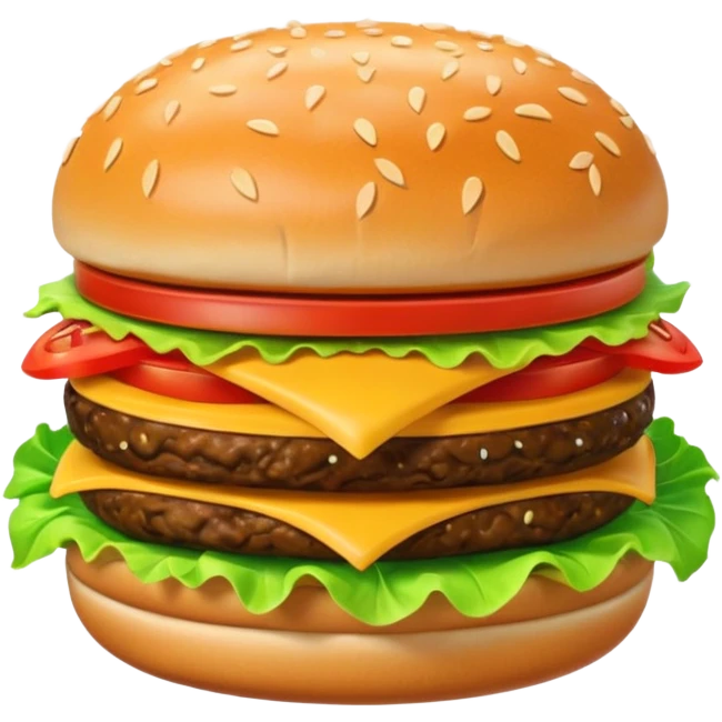 A 3D cartoon cheeseburger with lettuce, tomato, and sesame bun, soft texture, realistic Memoji-style rendering. emoji