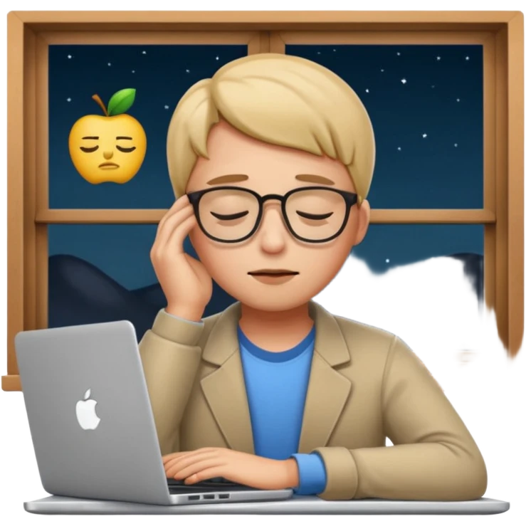 tired student with laptop, window at night behind, eyes half closed, apple style emoji emoji