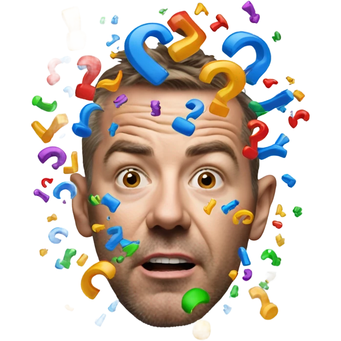 A guys head exploding with question marks.  emoji