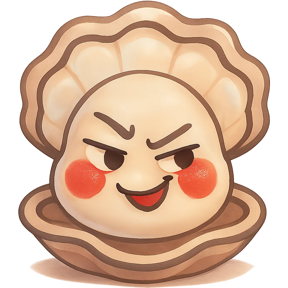 Enhance the cute oyster by adding soft shadows and pastel highlights, accentuating the cream and greige texture, giving the shell a pearly effect, making the cheeks redder, more luminous and natural, while keeping the mischievous expression and transparent background. emoji