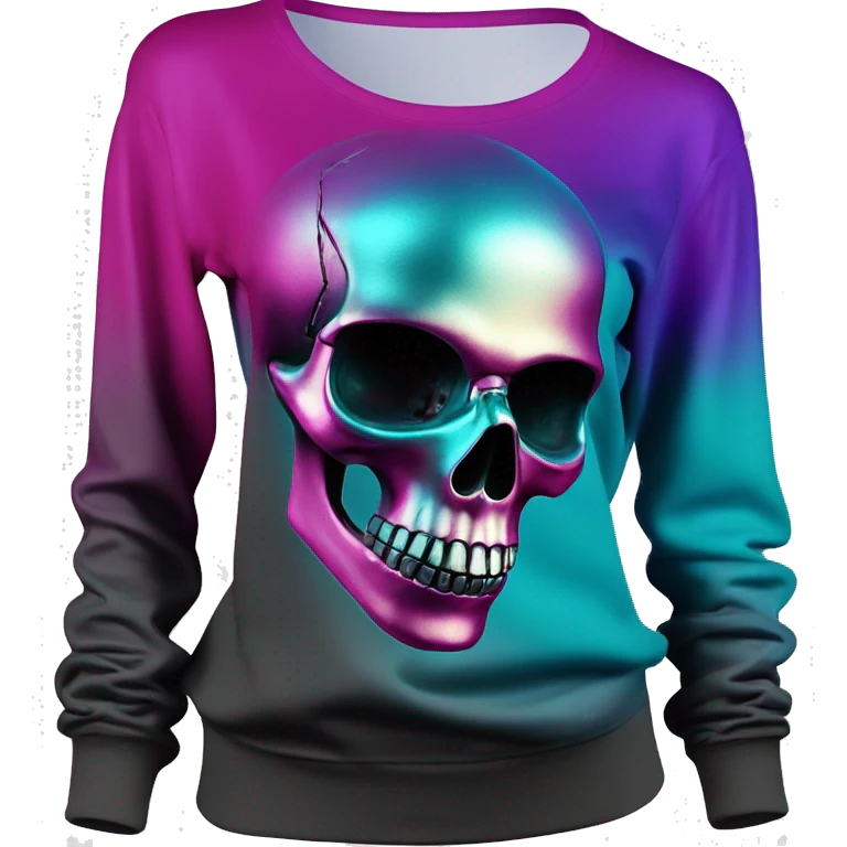 Realistic side view of a black to magenta ombre off the shoulder long sleeve sweat shirt with a metallic foil datk teal blue skull printed on the shirt. emoji