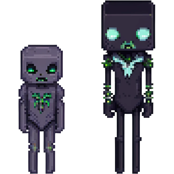 split-face design: left side Creeper, right side Enderman, pixel art style emoji