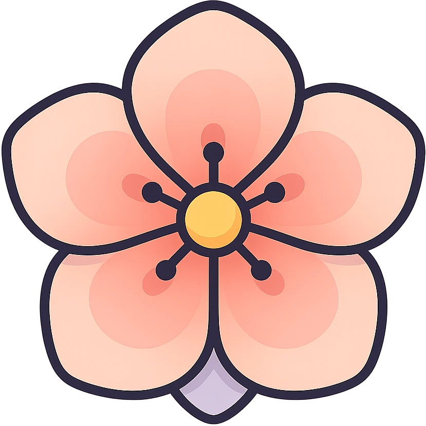 cute peach flower, strictly front view, icon-color-outlined style, volumetric, detailed petals, smooth color transitions, shadows and highlights, thin clean contours, soft rounded shapes, pastel palette #98B5BC, #B5B3C1, #C9A3C9, #E4C0CA, #F7DCD1, #F7C0AA, modern Japanese pop art and sticker aesthetics, soft lighting, transparent background emoji