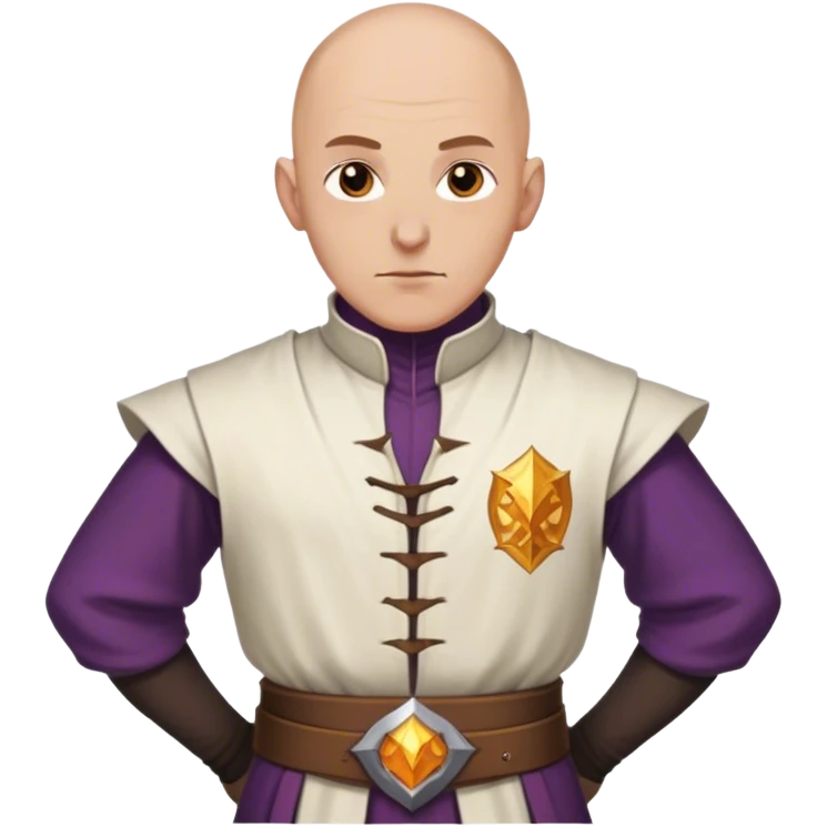 man body worn by a DnD themed fantasy character. clothes only above the waist. The body full waist. The character's haven't arms. character is bald hair brown eyes white man. emoji
