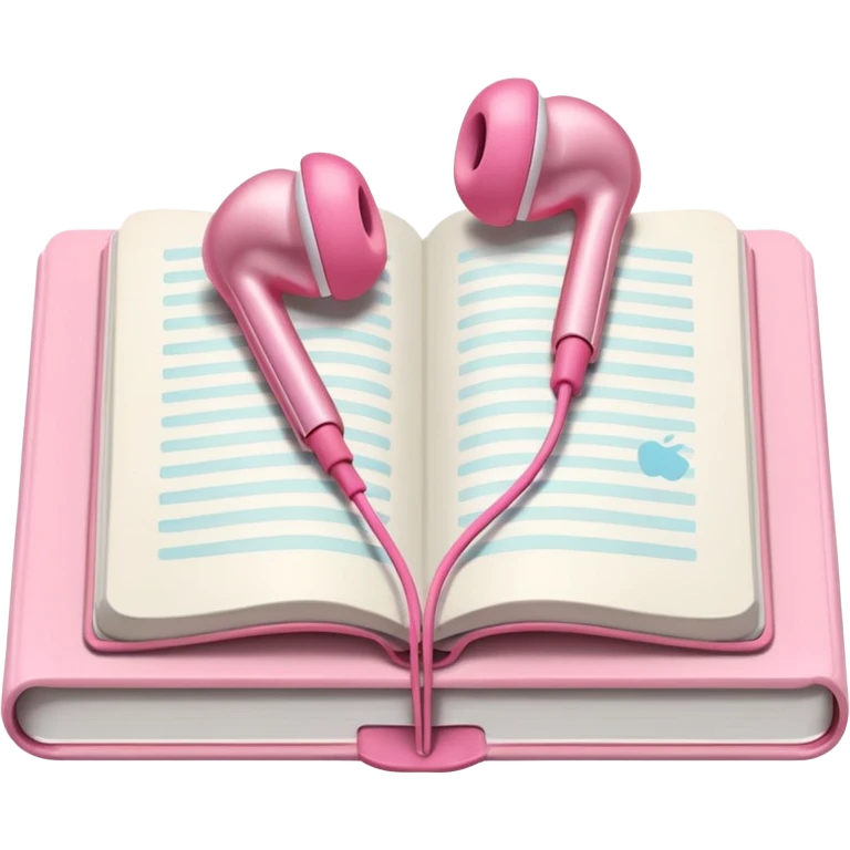  pink Pink Apple-style earbuds lying on an open book, soft pastel tones, cozy and minimal aesthetic, realistic lighting and shadows, top-down view, transparent background" emoji