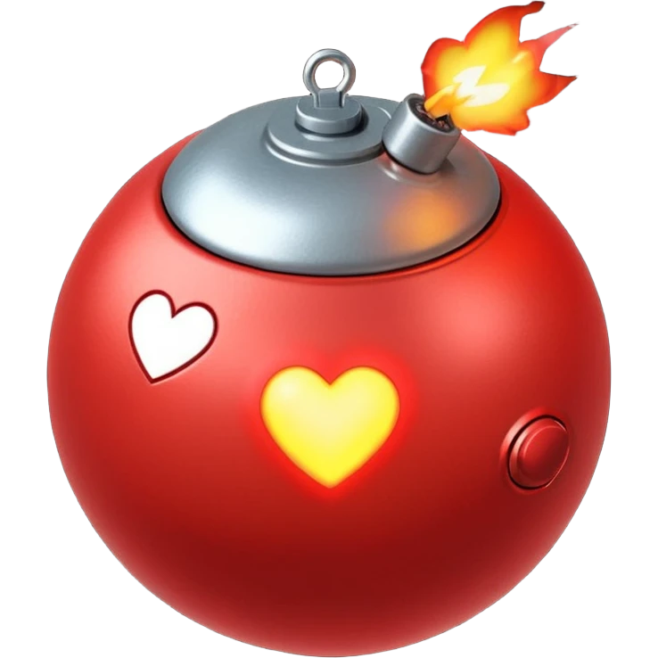 A spherical shaped bomb, red in colour, fuse burning with a heart. emoji