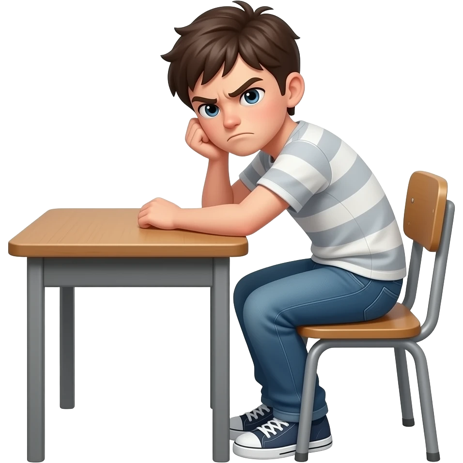 emoji genervter jugendlicher, ganzer körper am Tisch, weißer Hintergrund, Augen verdreht, kopf in den Händen, körper weggedreht emoji