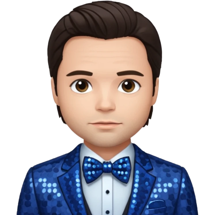 Sebastian Stan with dark brown hair, indigo sequin suit with bow tie emoji