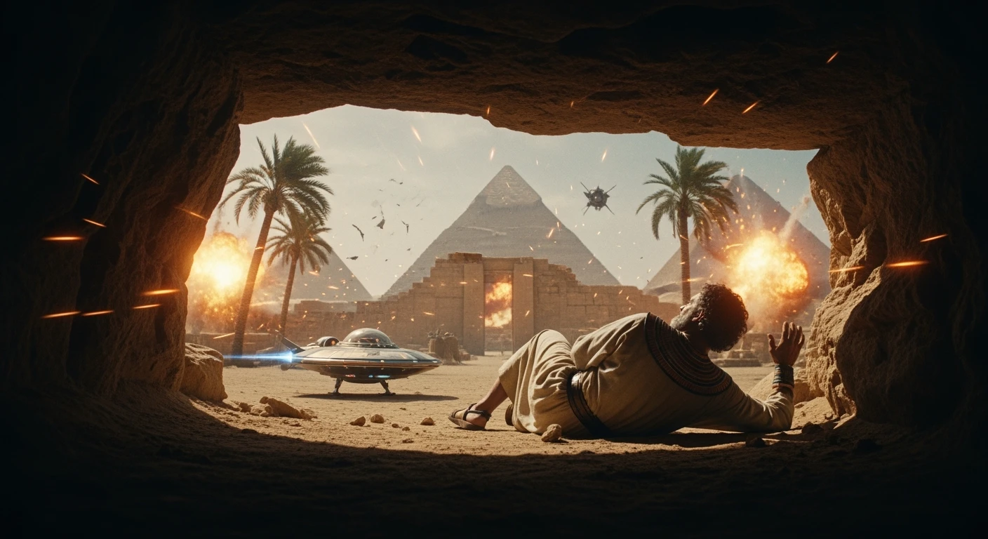 cinematic still, documentary photography, acient egypt, back shot of a man dress in ancient clothes in cave (frame in frame effect) on ground laying front of small ufo starship, explosions, palms, dynamic scane, leading lines, captured by arri alexa, depth layers, piramids in babckground emoji