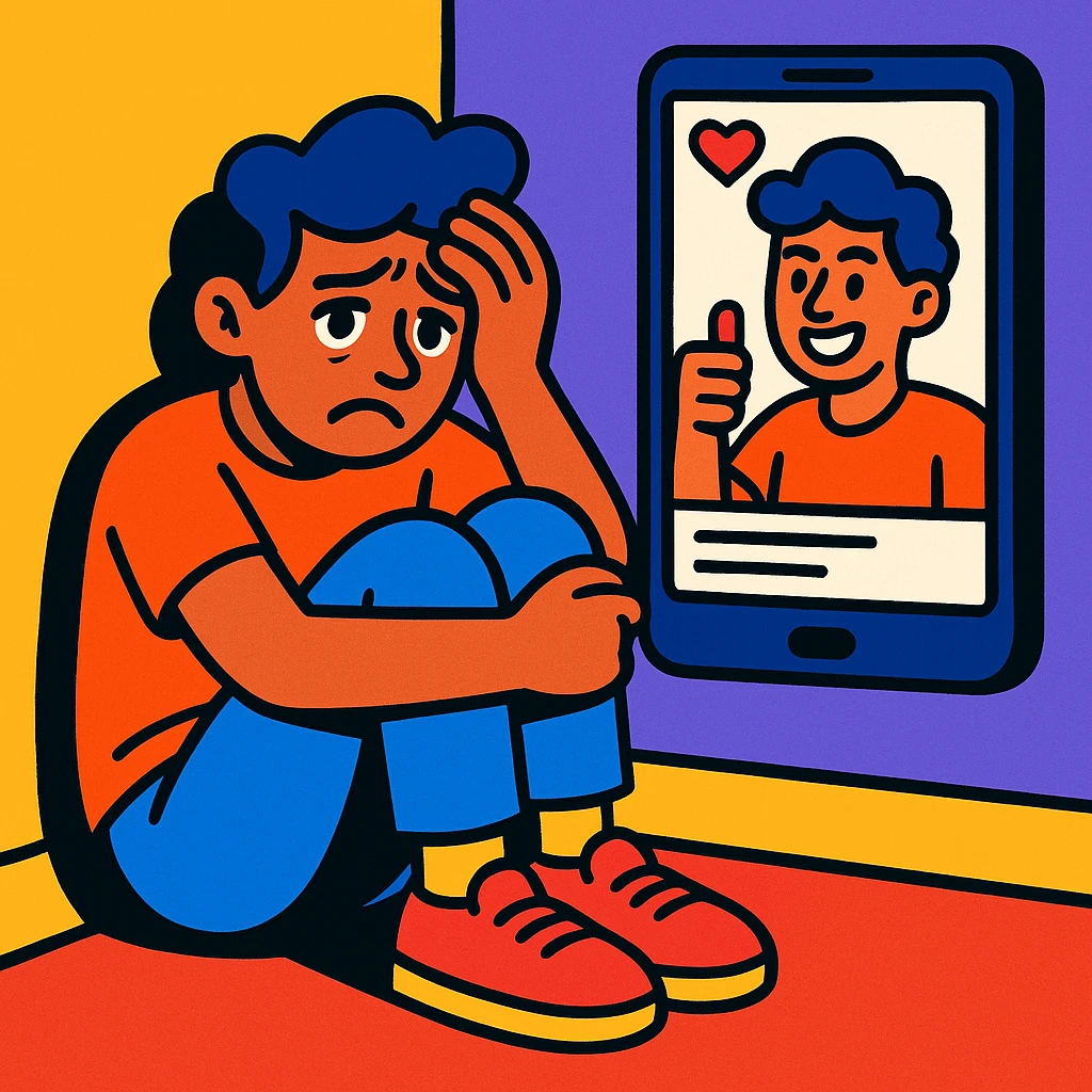 A modern person sitting alone in the corner of a room, looking distressed after seeing their real self in contrast to their idealized image posted on social media, vibrant cartoon style emoji