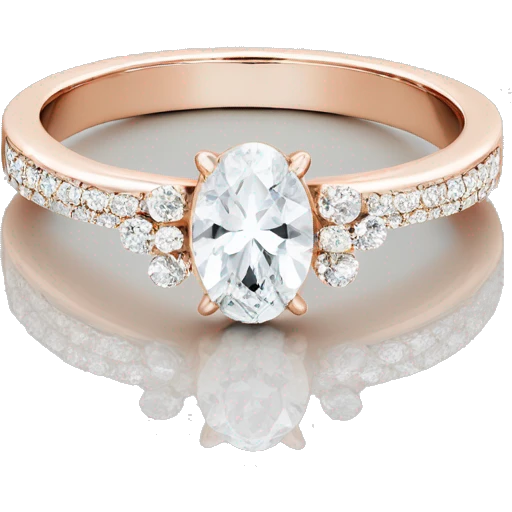 Rose gold plain wedding band with halo oval diamond and 2 bands of small diamonds on either side  emoji