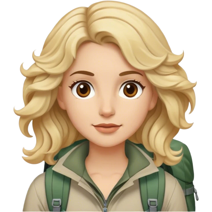 Blonde model with brown eyes, wavy hair, hiking fashion  emoji