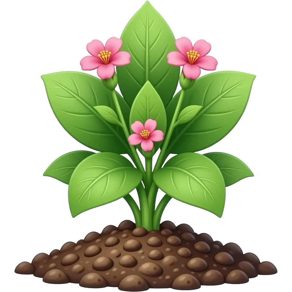 green plant from the ground with leafs And Pink flowers blooming emoji