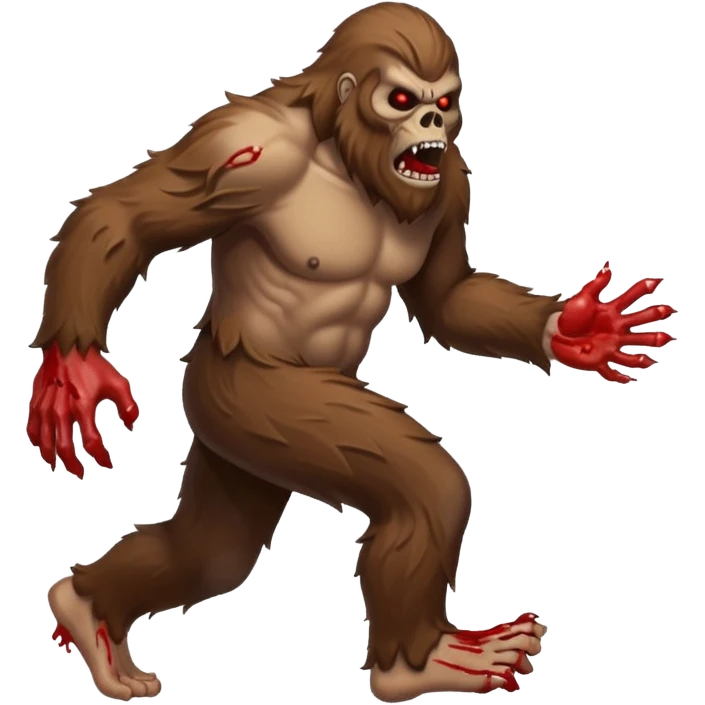 An angry sasquatch running full speed to the right in "blitzkrieg" mode. In the style of you bleeding skull art. Needs to be running in the opposite direction with bloody hands and feet emoji
