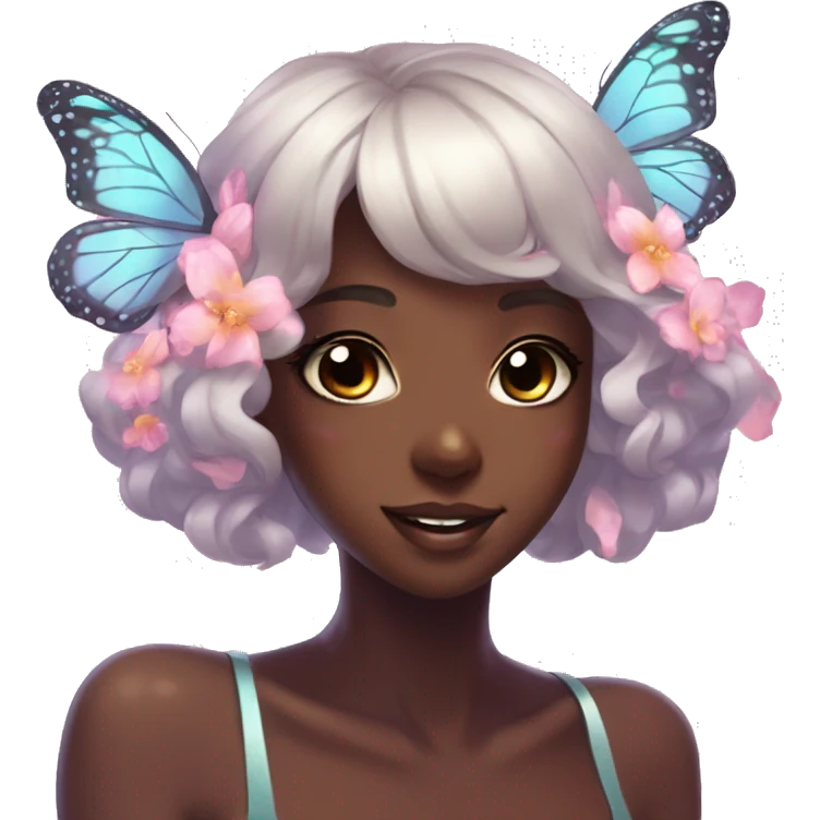 Gorgeous Shiny Pastel Anime-Style dark skin Lady Butterflies flower petals kawaii aesthetic trending style emoji