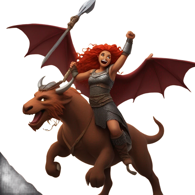 Viking red head dragon queen with a slain Viking solder with a man bun standing on a dragon flying over a volcano in a beautiful sky emoji