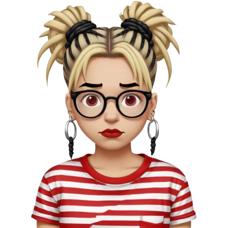 medium toned person with black and blonde dyed dreads styled in a high messy bun, wearing clear framed glasses, a red and white striped t-shirt, also having an eyebrow piercing on the right eyebrow, and a septum ring with a punk style emoji