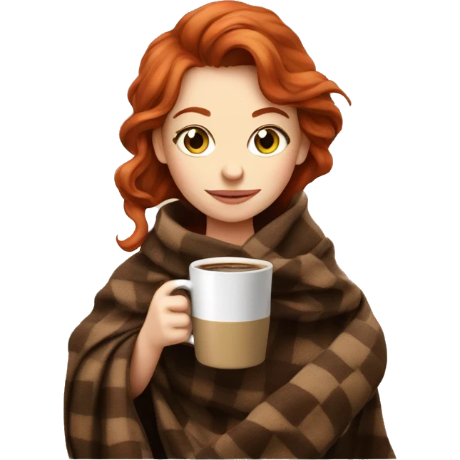 a red-haired girl, wrapped in a brown checkered blanket, drinking coffee from a cup shaped like a stuffed animal emoji