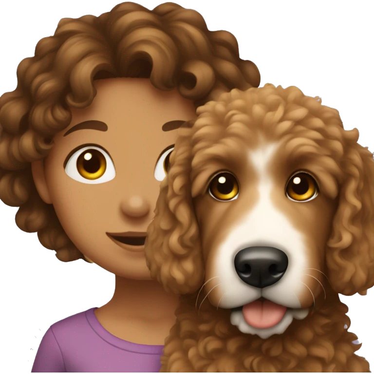 Girl with brown curly hair with a golden doodle dog emoji