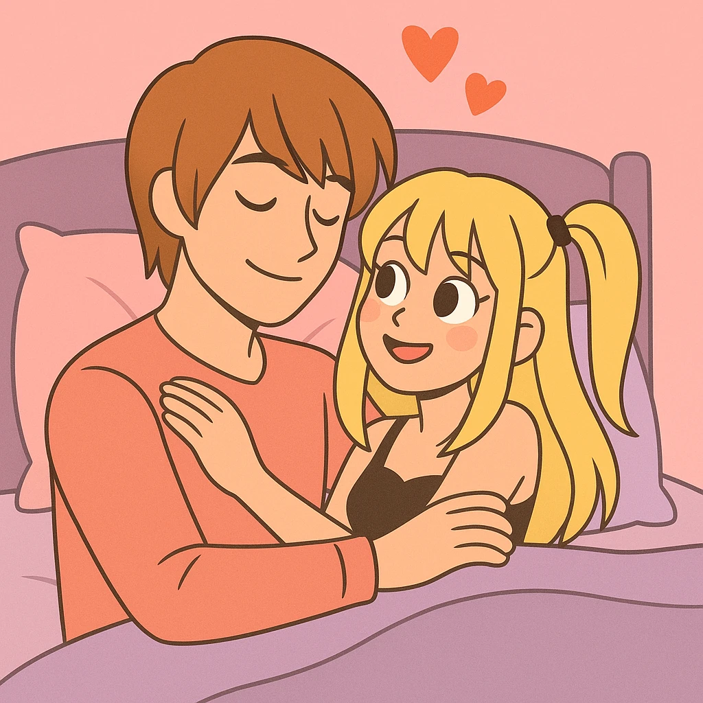 Light Yagami and Misa Amane in a bed, romantic atmosphere, pastel toon style emoji