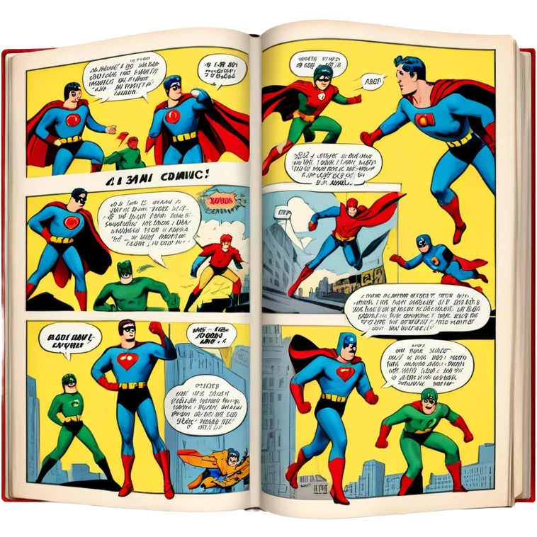 Icon for Vintage American Comics: an open comic magazine with classic 1940s-1950s American comic art, featuring superheroes in bold, bright colors, with action panels and exaggerated speech bubbles. The icon should represent the nostalgic style of vintage comics. Transparent background. emoji