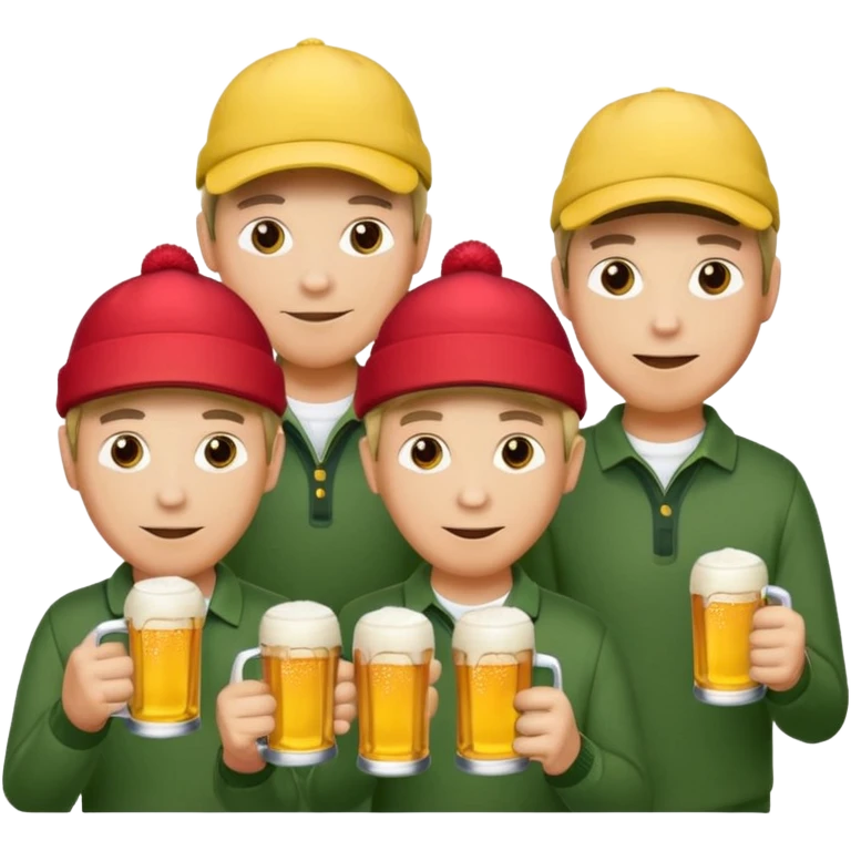 16 men on a golf trip wearing yellow golf caps all holding a beer can with a Xmas style label. Has to be 16 of them. emoji