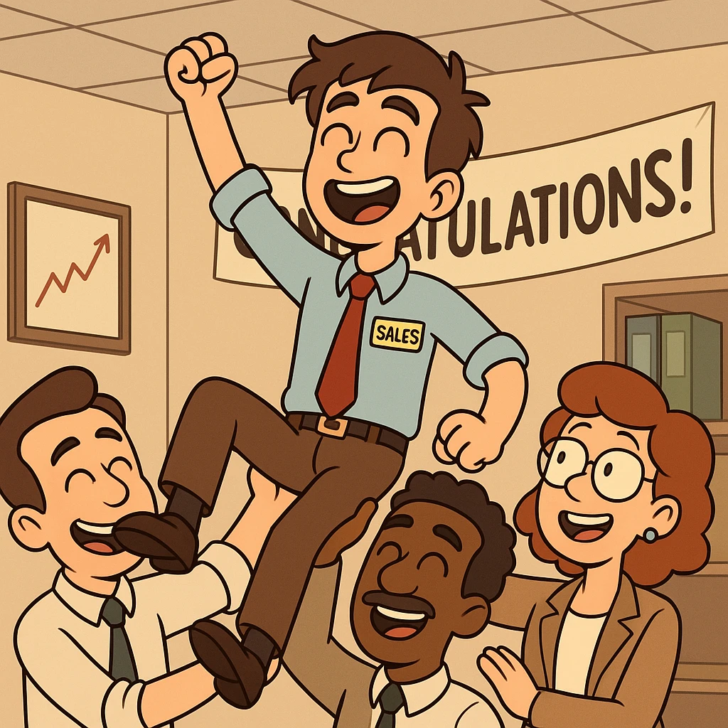 cartoonish depiction of a junior sales official in business attire, raised up by coworkers in an office celebration, everyone looking proud and happy emoji