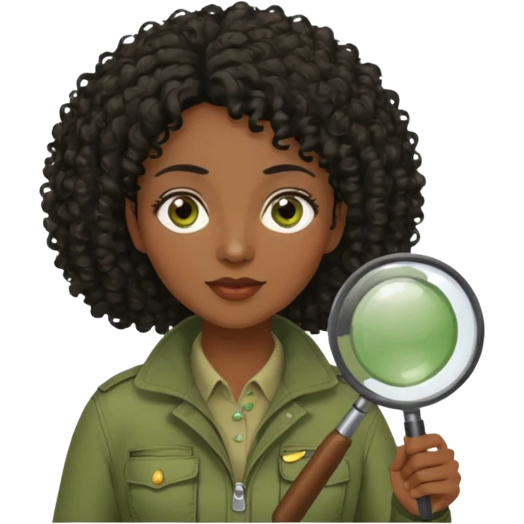 dark skin curly black haired middle-aged woman in moss green explorer outfit, holding magnifying glass emoji