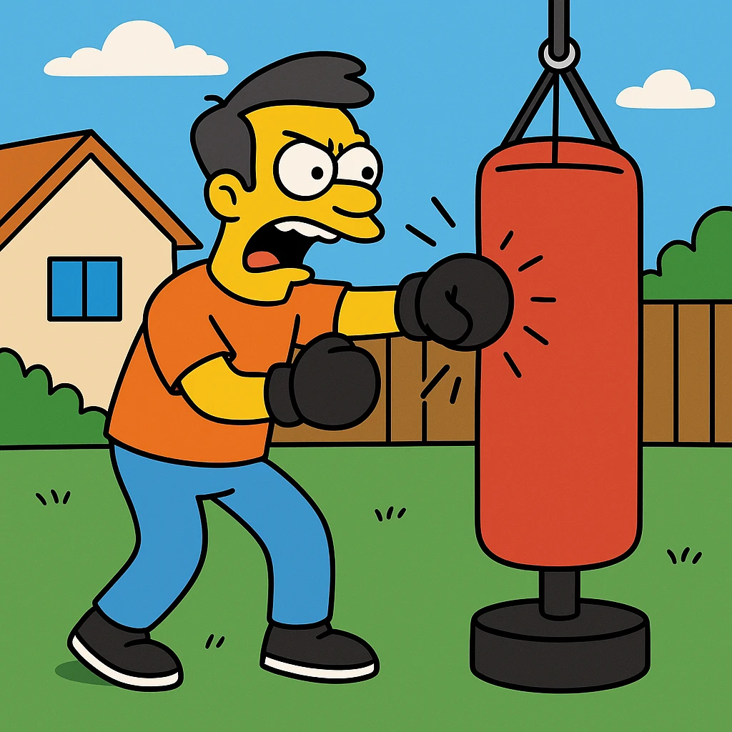 Hit a punching bag – to punch a padded bag for exercise or stress relief.
He went to the gym to hit a punching bag and blow off steam.
 emoji