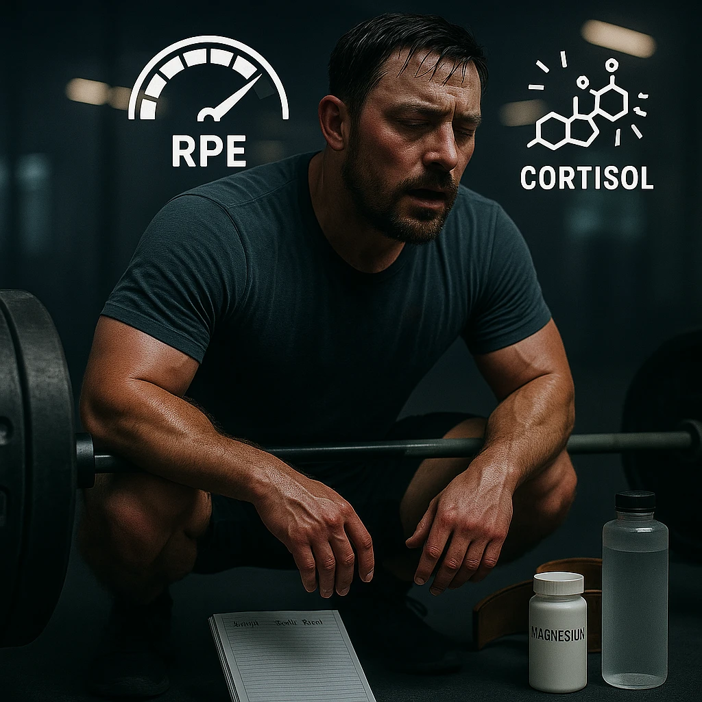 Add floating icons above the head indicating high RPE and cortisol, maintaining the cinematic style and palette. emoji