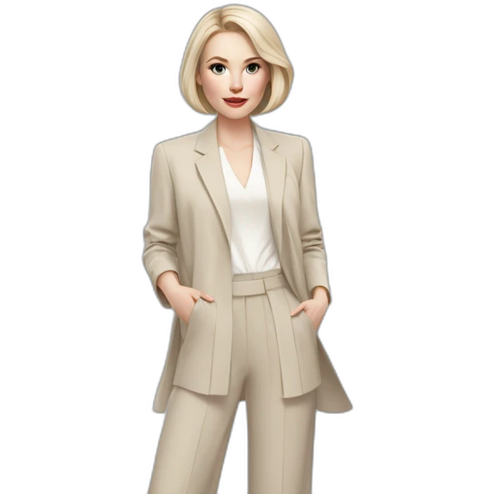 pale skin woman with ash blonde Straightened bob Hair, White Spacious classical jacket, beige palazzo Arrow pants and gray blouse holding a color palette in the hands emoji