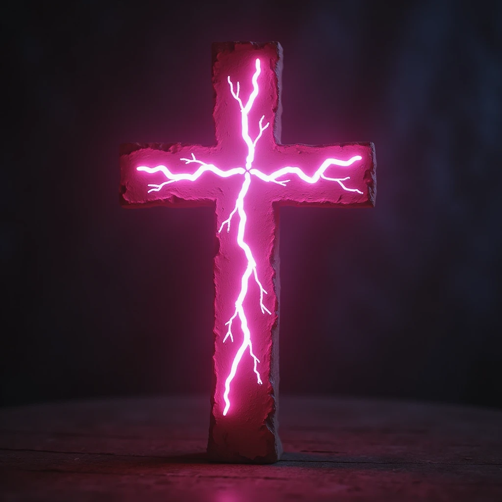 realistic gothic cross, pink with lightning motif, photorealistic style, no background emoji