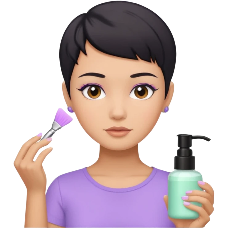 tan girl with pastel purple shirt with black hair & a pixie, doing her skin care emoji