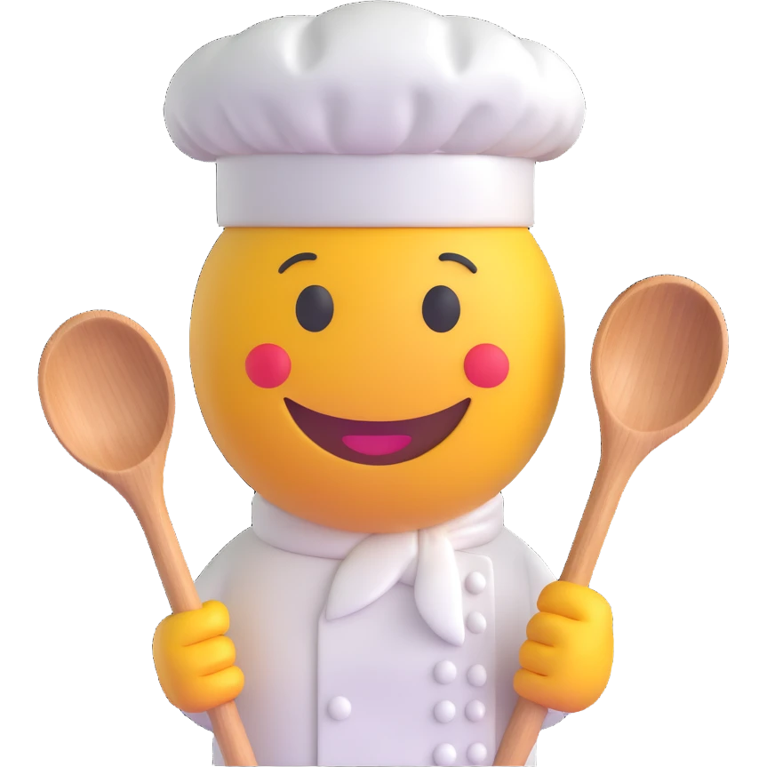 3D smiley emoji, round shape, chef wearing white chef hat, holding wooden spoon, smiling face emoji