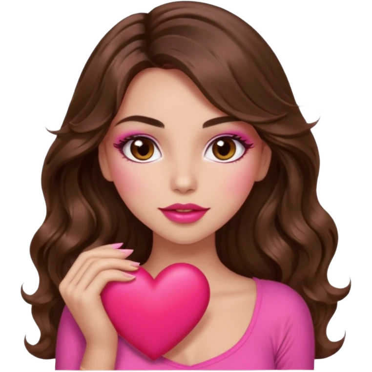 girl with long wavy brown hair, brown eyes, long lashes makeup, sexy pink lips, light to medium complexion, wearing a pink sexy top, squeezing a big heart emoji