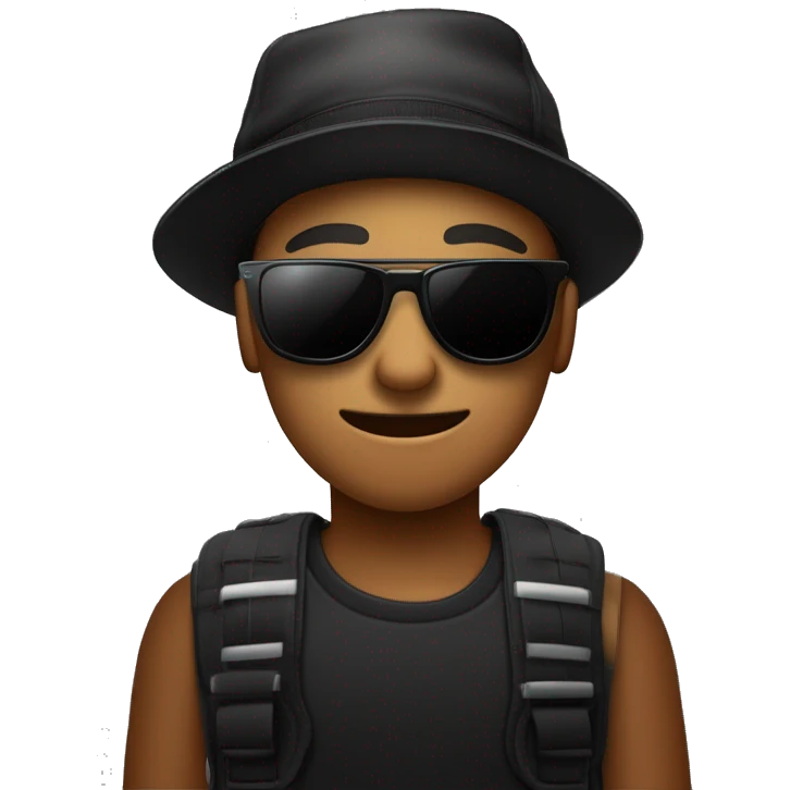 Ein Junge mit einem boxerschnitt, Seiten auf null einem Übergang der ein schwarzes tshirt an hat, Sonnenbrille, jedoch seine Augen noch leicht erkennt. braune Augen, lächelt leicht und hält eine haarschneidemaschine in der Hand  emoji