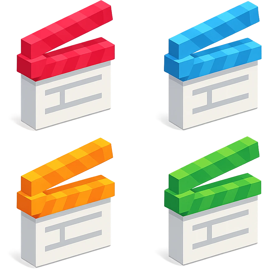 isometric view group of movie clapperboards in voxel style, white bodies with each lid a different bright color emoji