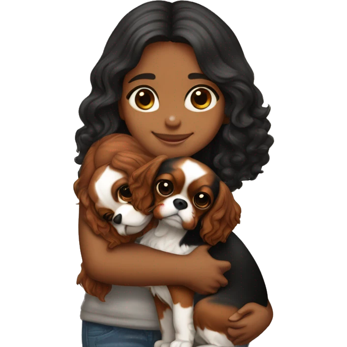 cute girl hugging two black and brown cavalier king charles spaniel  emoji