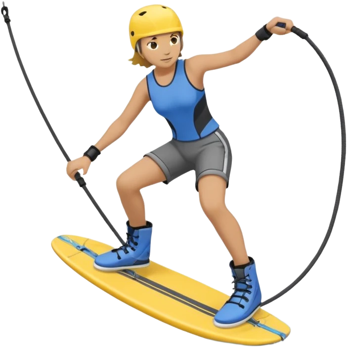 A person wakeboarding with one leg forward, the other bent for balance, leaning slightly back while holding a tow rope. Wearing a blue top, black shorts, gray boots, on a yellow board with small water splashes below. emoji